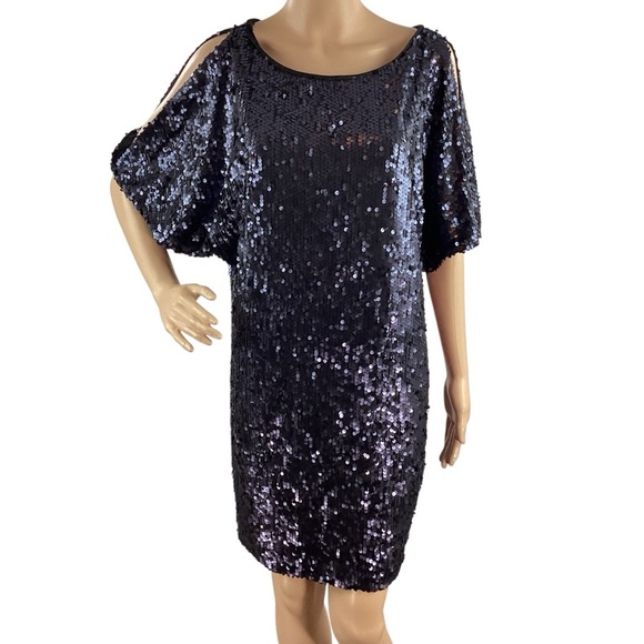 Aidan Mattox Navy Sequin Cold Shoulder Shift Dress Size 10 - Picture 1 of 7